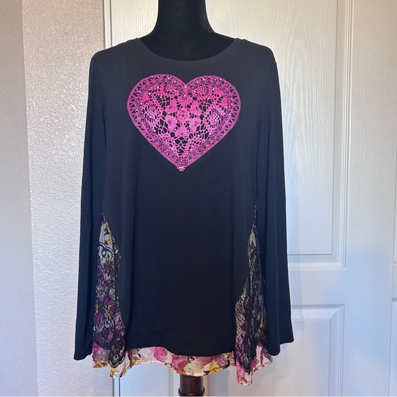 Style & Co Valentine Heart with Lace Inlay Blouse Size Large‎ - Picture 1 of 6